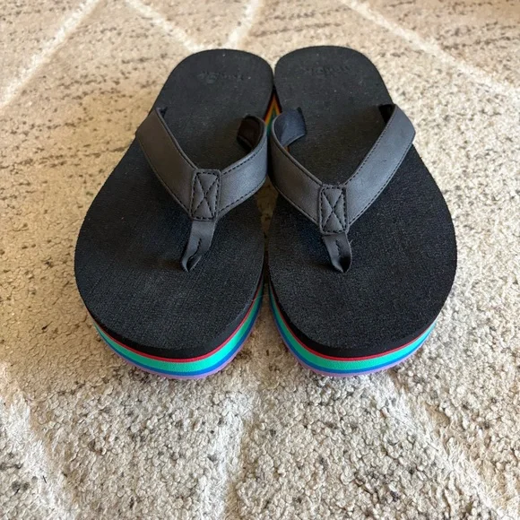 Sanuk Stacker Flatform Womens 8 Rainbow Flip Flop Black Sandals Summer Beach - Picture 2 of 6